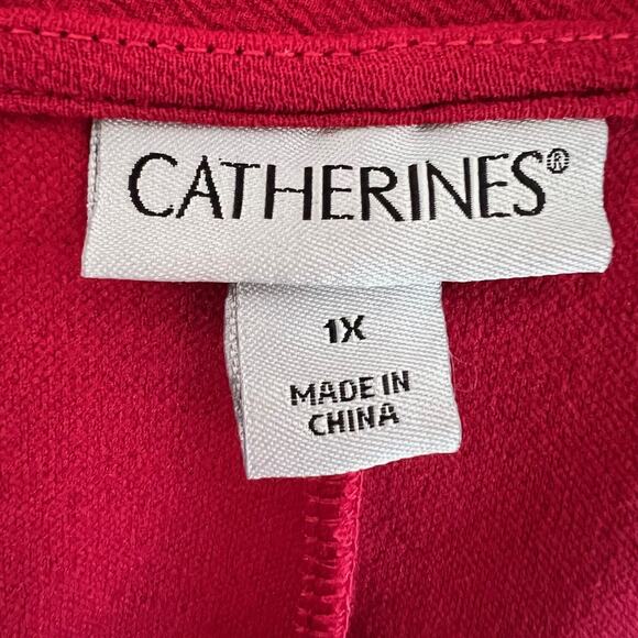 Catherines Womens Midi Dress Size 1X Red Ruffle-Trim 3Q Sleeves Modest - Picture 5 of 7